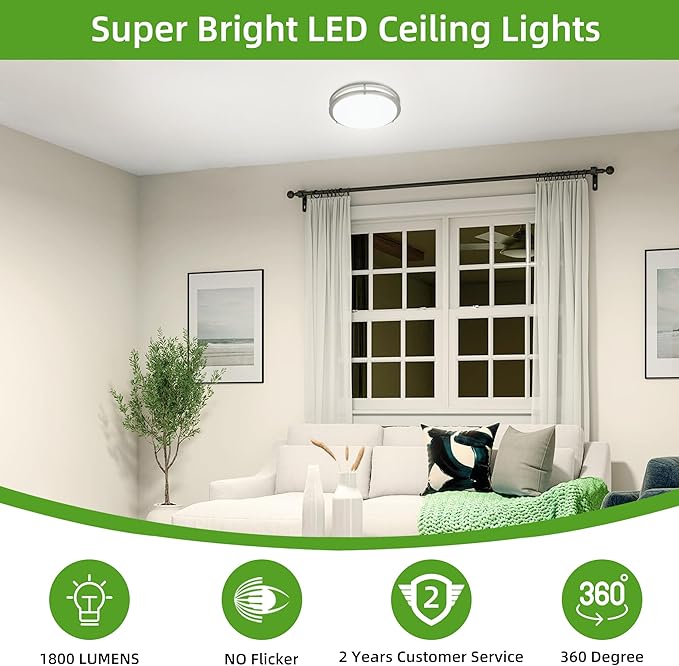 Hlite 10inch Flush Mount Ceiling Light, 24W 1800LM Super Bright LED Ceiling Light Fixture, 5000K Daylight White Low Profile Ceiling Light for Hallway Bathroom Bedroom Kitchen, Nickel