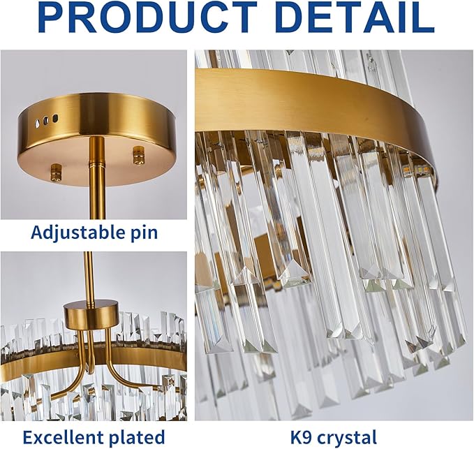 Depuley Modern Gold Crystal Chandeliers: 23.6" Dimmable LED Chandeliers Light Fixture with Remote Control - 3 Colors Contemporary Pendant Ceiling Light for Dining Living Room Kitchen Island Foyer