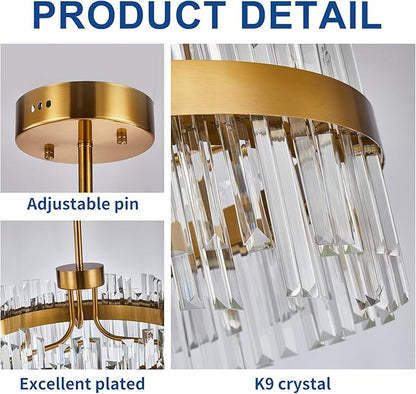 Depuley Modern Gold Crystal Chandeliers: 23.6" Dimmable LED Chandeliers Light Fixture with Remote Control - 3 Colors Contemporary Pendant Ceiling Light for Dining Living Room Kitchen Island Foyer