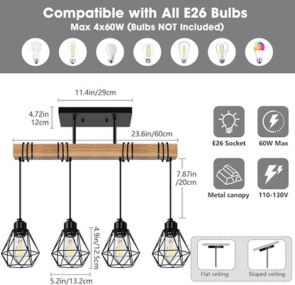 4-Lights Farmhouse Wood Kitchen Island Lighting, 23.6'' Dining Room Light Fixtures Chandelier Over Table, Rustic Black Cage Pendant Lights Ceiling Hanging for Pool Table, Living Room, Hallway
