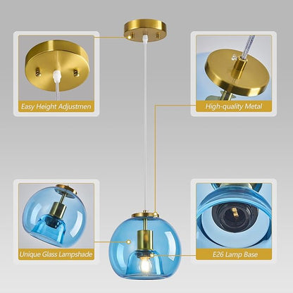 Light Blue Glass Pendant Lights Kitchen Island Gold Hanging Light Fixture Glass Globe Pendant Light Modern Pendant Lighting for Kitchen Island Bedroom Dining Room (7.87", B Style-2 Pack)