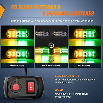 Nilight 4PCS Amber Green Strobe Lights 24LED Emergency Hazard Warning Light Sync Feature Ultra Slim Surface Mount with Controller and Cigarette Lighter Plug for Truck Car Vehicle