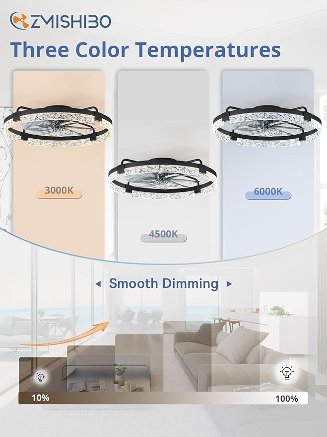 ZMISHIBO Ceiling Fans with Lights and Remote, 24 Inch Flush Mount Fan Light, 6 Speeds, 3CCT, Dimmable, Low Profile Ceiling Fan, Modern Ceiling Fan with Light for Bedroom and Living Room, Black