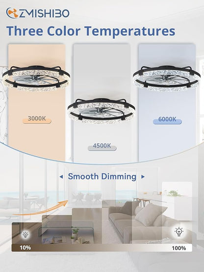 ZMISHIBO Ceiling Fans with Lights and Remote, 24 Inch Flush Mount Fan Light, 6 Speeds, 3CCT, Dimmable, Low Profile Ceiling Fan, Modern Ceiling Fan with Light for Bedroom and Living Room, Black