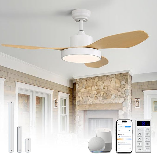 48 Inch Ceiling Fan with Lights Flush Mount Modern Outdoor Ceiling Fans with Remote,3 CCT Dimmable Quiet DC Motor & Timer for Patio/Bedroom/Farmhouse/Indoor (Natural Wood, 48 Inch/Smart Control)