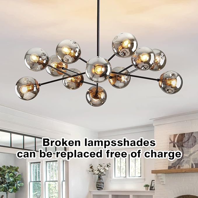 DDLLDESHI Modern Black Chandelier Sputnik Ceiling Light Fixture with 12 Globe Glass Shade Chandeliers for Dining Room Farmhouse Kitchen Living Room Bedroom Office（34" Large Chandelier）