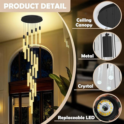 Large 20-Light Black Crystal Chandelier, Modern Dimmable LED Height Adjustable Pendant Light, Luxury Hanging Fixture for High Ceilings, Foyer, Staircase, Hotel Lobby