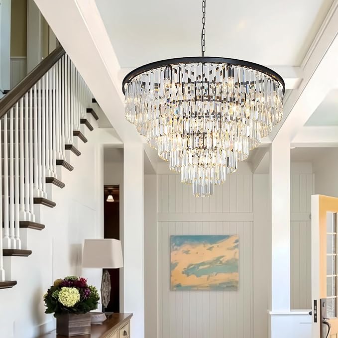 Black Crystal Chandelier Modern Large Dining Room Chandelier 17 Lights 7-Tier Luxury Round Top K9 Ceiling Pendant Light Fixture for High Ceiling Living Room Foyer Staircase