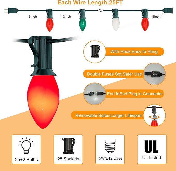 Abeja C7 Multicolor Christmas String Lights, 25Ft Ceramic Multicolor String Lights with 27 C7 Red White Green Bulbs(2 Spare), Hanging Vintage Lights for Christmas Indoor Outdoor Yard Patio Decor