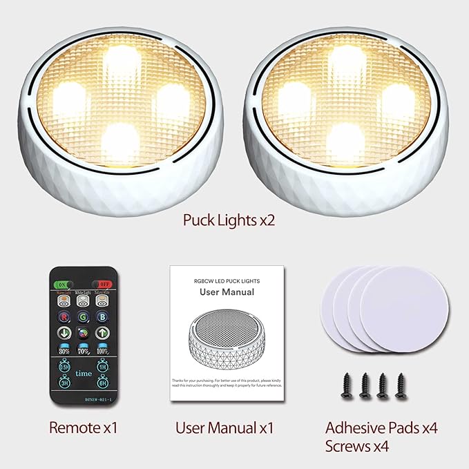 Onumii LED Puck Lights with Remote Control, Battery Operated Under Cabinet Lighting, Wireless Stick-On Color Changing Timer Lights for Kitchen Cabinets, Closets, Shelves - 2 Pack, White
