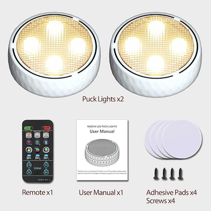 Onumii LED Puck Lights with Remote Control, Battery Operated Under Cabinet Lighting, Wireless Stick-On Color Changing Timer Lights for Kitchen Cabinets, Closets, Shelves - 2 Pack, White