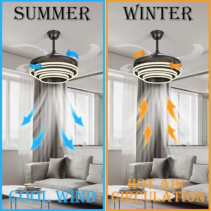 DatingDay 42" Invisible Ceiling Fan Chandelier Light,Modern Crystal DIY Ceiling Fan Light Remote Control 4 Retractable ABS Blades for Bedroom Living Dining Room Decoration (42", Black)