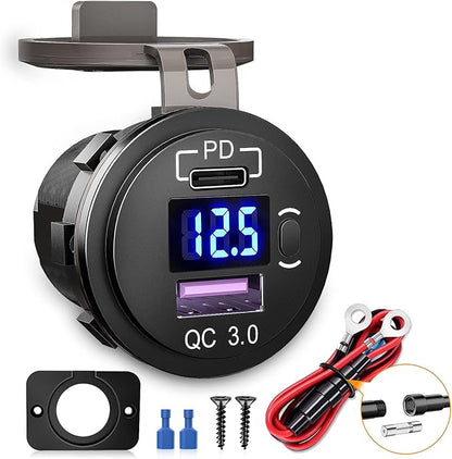 Nilight USB Socket PD Type C and QC 3.0 USB Fast 12V 24V Car Outlet Voltmeter ON OFF Switch Fused Wire Kit Dual Power for Cars Trucks Vans RVs