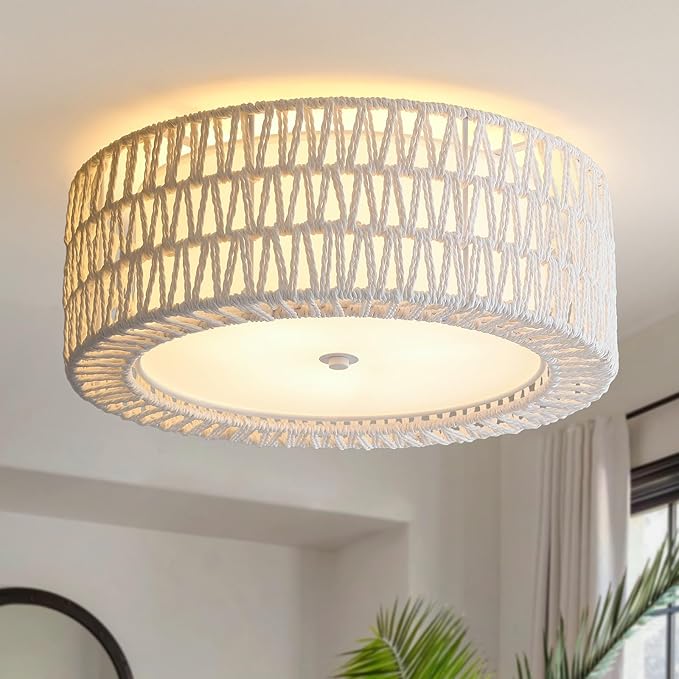 Boho Flush Mount Ceiling Light, 3-Light Rattan Light Fixture White Bedroom Light Fixtures 15.7" Modern Ceiling Light for Nursery Hallway Entryway Kitchen Dining Room