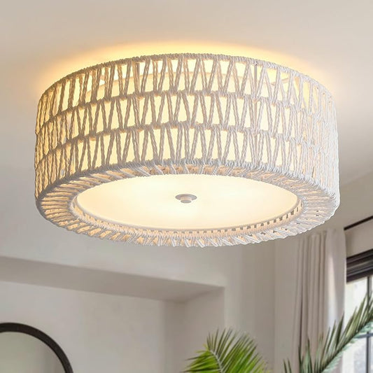 Boho Flush Mount Ceiling Light, 3-Light Rattan Light Fixture White Bedroom Light Fixtures 15.7" Modern Ceiling Light for Nursery Hallway Entryway Kitchen Dining Room