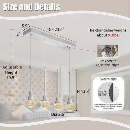 ykolupty Dining Room Light Fixture 4-Light Silver Kitchen Island Lighting Industrial Linear Crystal Chandeliers for Dining Room Pendant Light Fixture for Living Room Hallway Bedroom