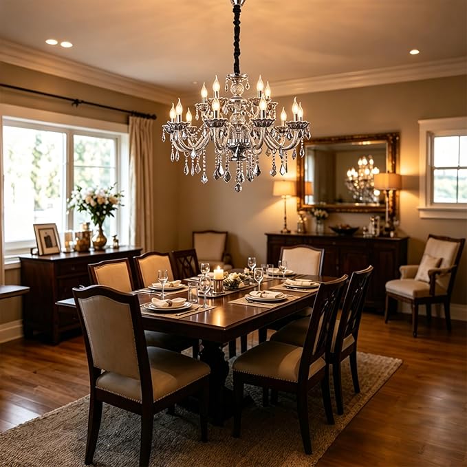 Smoky Gray Crystal Chandelier Modern Double Layer K9 Crystal Chandeliers Lighting 15-Light Crystal Raindrop Hanging Chandelier for Living Room Dining Room(15 Lights)