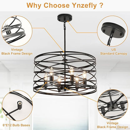 WILON 6-Light Pendant Lights Kitchen Island,19.68'' Spiral Cage Pendant Lights,Adjustable Black Industrial Pendant Light Fixtures Retro Lighting for Kitchen Island, Living Room, Bedroom