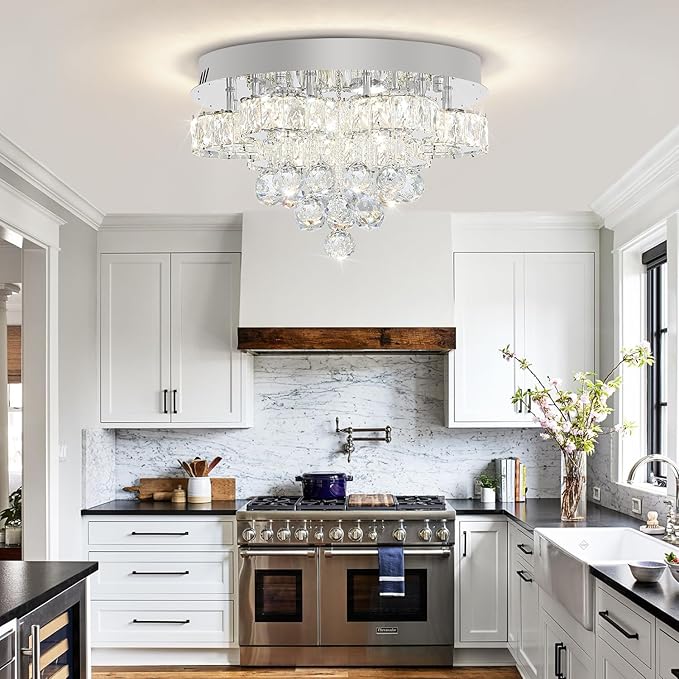 Flashing God Dia 16in Modern LED Crystal Chandelier,Flush Mount Ceiling Light Fixture with K9 Crystals,Small Chandelier for Bedroom Dining Hallway Lighting