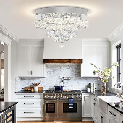 Flashing God Dia 16in Modern LED Crystal Chandelier,Flush Mount Ceiling Light Fixture with K9 Crystals,Small Chandelier for Bedroom Dining Hallway Lighting