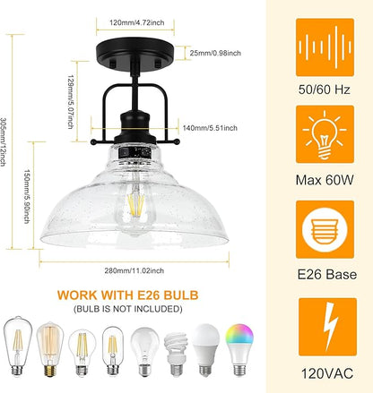 WILON 2 Pack 11'' Seeded Glass Ceiling Light Fixture Black Semi Flush Mount Ceiling Light Fixture Modern Farmhouse Lighting Fixture Ceiling Lamp for Kitchen Hallway Dining Living Room Entryway