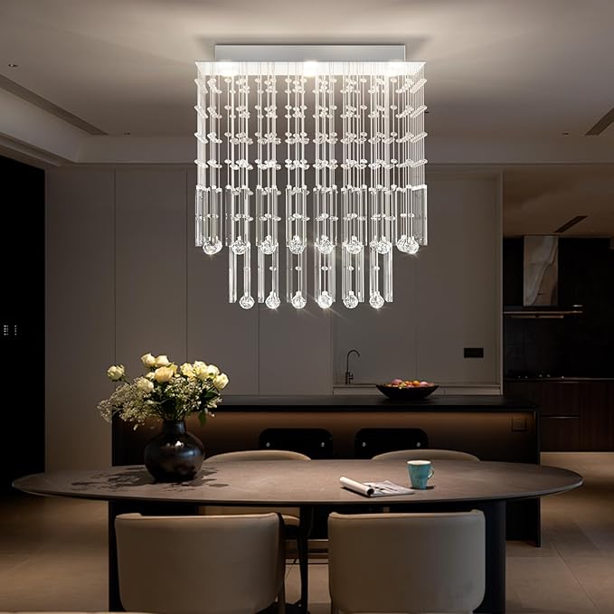 Flashing God D24''XH28'' Rectangular Crystal Chandelier SilverRectangle Pendant Ceiling Light Fixture Raindrop Chandelier for Dining Room Living Room Kitchen Island Bar