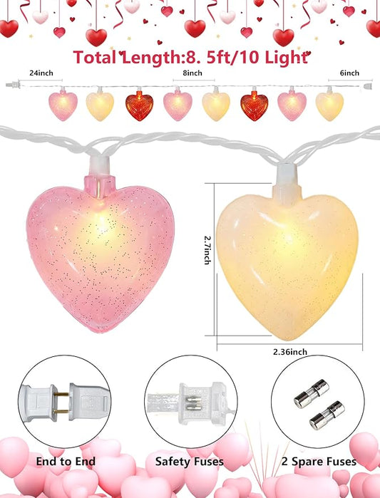 8.5ft Valentine’s Day Heart String Lights Plug in, Valentines Lights with 10 LED Red Pink White Shatterproof Bulbs, Fairy Lights for Indoor Outdoor Home Decor Wedding Party Birthday, Warm White