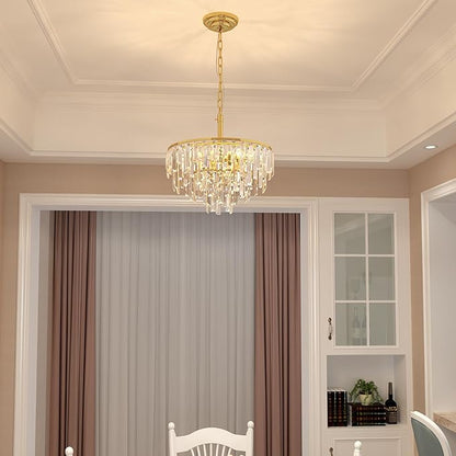 Modern Gold Crystal Chandelier, 18" Round Chandeliers for Dining Room 4-Tier 6 Lights Luxury Top K9 Crystal Ceiling Pendant Light Fixture for Foyer Bedroom Closet