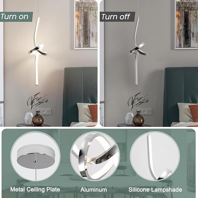ADISUN Modern LED Pendant Light, Spiral Pendant Lights Kitchen Island, 4500K Neutral Light, Adjustable Height, Pendant Light Fixtures for Living Room Bedroom Hanging Light(Chrome)