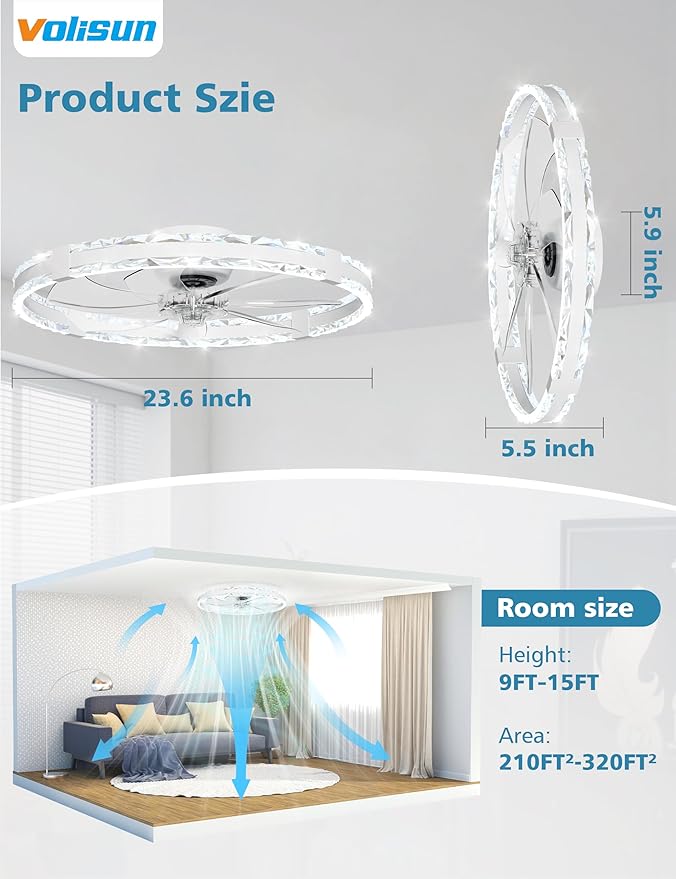 VOLISUN Low Profile Ceiling Fans with Lights and Remote, 24in Fandelier Ceiling Fans with Lights Flush Mount, Dimmable Bladeless LED Ceiling Fan Light, White Modern Ceiling Fan Light for Bedroom