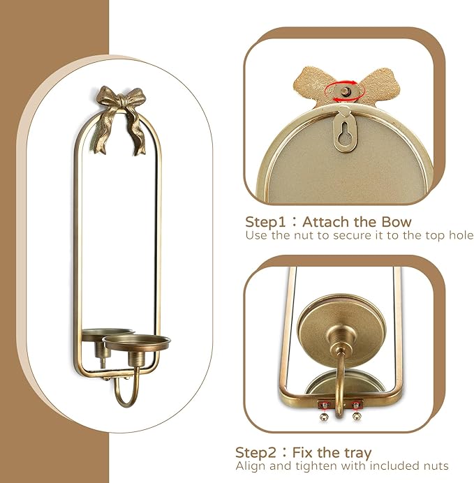 Gold Candle Sconces Wall Decor: Modern Decorative Wall Candle Holder Set of Two for Bedroom - Vintage French Metal Bow Mirror Sconces Beside Fireplace TV