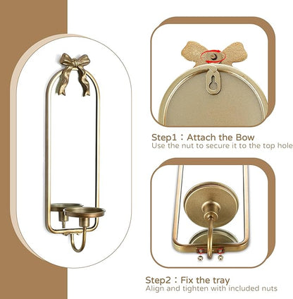Gold Candle Sconces Wall Decor: Modern Decorative Wall Candle Holder Set of Two for Bedroom - Vintage French Metal Bow Mirror Sconces Beside Fireplace TV