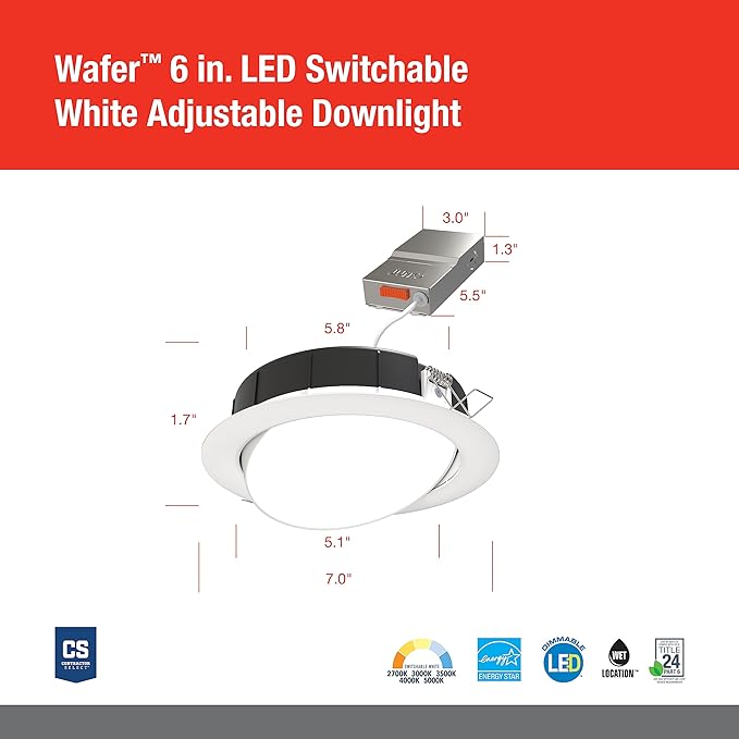 Juno LED Shower Light, Adjustable 6 Inch Wafer Downlight, Switchable Color Temperature 2700K/3000K/3500K/4000K/5000K, 90+ CRI, Matte White, 6-Inch