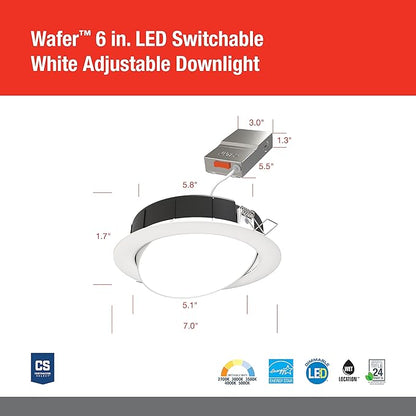 Juno LED Shower Light, Adjustable 6 Inch Wafer Downlight, Switchable Color Temperature 2700K/3000K/3500K/4000K/5000K, 90+ CRI, Matte White, 6-Inch