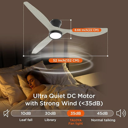 TALOYA 52 Inch Ceiling Fans with Lights Led Remote Control Flush Mount Low Profile for Bedroom Farmhouse Patio Outdoor Living Room Kitchen Dining Room,DC Motor,Reversible,White Oak