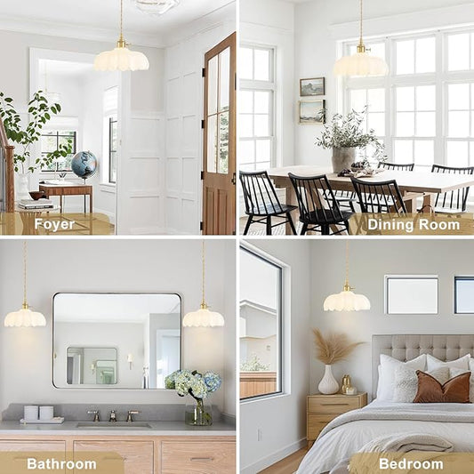 Glass Pendant Lights Kitchen Island, Vintage Brass Pendant Light Fixtures, Adjustable Milk White Kitchen Pendant Lighting Over Island for Bedroom Living Room Hallway Dining Room