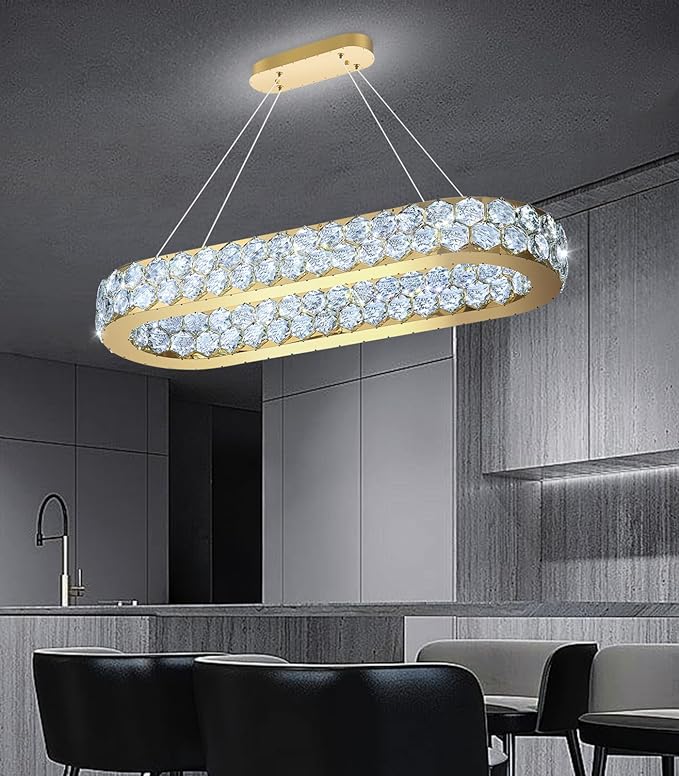 32'' Modern Oval Chandelier Crystal Chandeliers for Dining Room Round Ceiling Light Fixture for Living Room Lighting LED Dimmable with Remote Ring Lights Gold