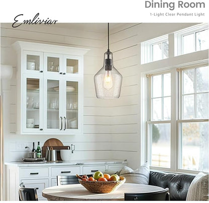 Emliviar 1-Light Hanging Light Fixture, Modern Kitchen Island Pendant Light with Clear Seeded Glass, Black Finish, DYE286G2-MIL BK