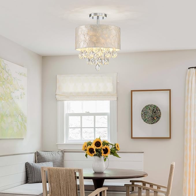 3-Light Capiz Shell Crystal Drum Ceiling Light, Coastal Style Close to Ceiling Light Fixture for Dining Room, Living Room & Bedroom, D12 * H14 inch, Shell Lampshade & Chrome Finish