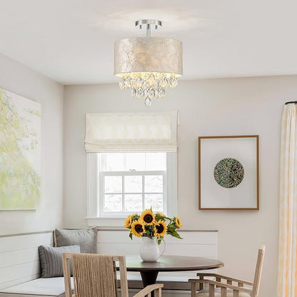 3-Light Capiz Shell Crystal Drum Ceiling Light, Coastal Style Close to Ceiling Light Fixture for Dining Room, Living Room & Bedroom, D12 * H14 inch, Shell Lampshade & Chrome Finish