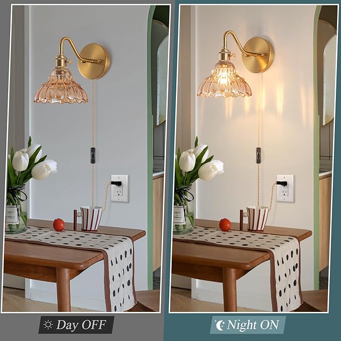 Plug-in Wall Sconce (Set of 2), Vintage Wall Decorative Lamp with Amber Glass Shade, Indoor Brass Plug-in Wall Sconce for Bedroom, Living Room, Bathroom, Hallway
