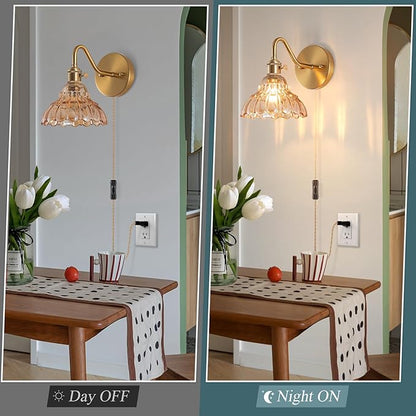 Plug-in Wall Sconce (Set of 2), Vintage Wall Decorative Lamp with Amber Glass Shade, Indoor Brass Plug-in Wall Sconce for Bedroom, Living Room, Bathroom, Hallway
