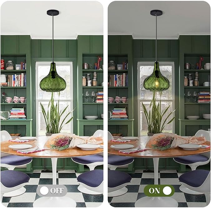 Green Glass Pendant Lighting Farmhouse Vintage Glass Globe Pendant Light Fixture, Mid-Century Modern Pendant Lamp Black Finish 9.45″ Shade for Kitchen Island Dining Room
