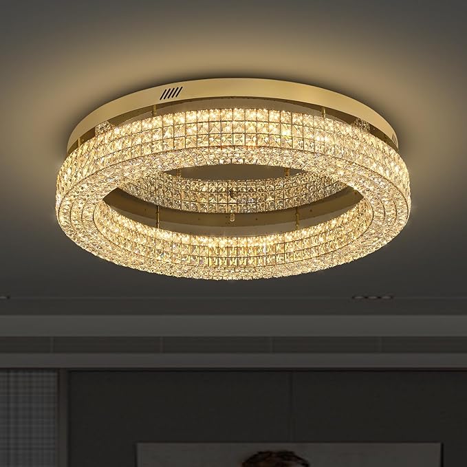 ykolupty 32'' Modern Chandeliers for Living Room Crystal Chandelier Flush Mount Ceiling Light Fixture for Dining Room Living Room Bedroom Dimmable 2700-6000K (Gold Chandelier)