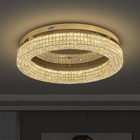 ykolupty 32'' Modern Chandeliers for Living Room Crystal Chandelier Flush Mount Ceiling Light Fixture for Dining Room Living Room Bedroom Dimmable 2700-6000K (Gold Chandelier)