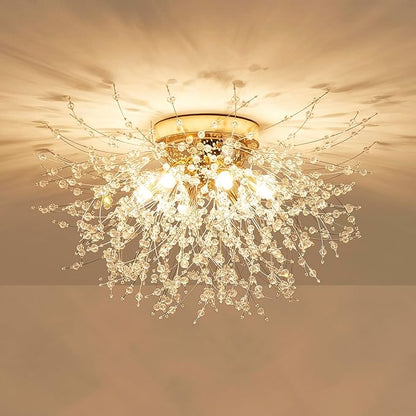 AGV LIGHTING CL023G Crystal Ceiling Light, Close to Ceiling Flushmount Light Fixture, Firework Design Dandelion Shape, 6-Lights, D18 x H10, Gold Finish