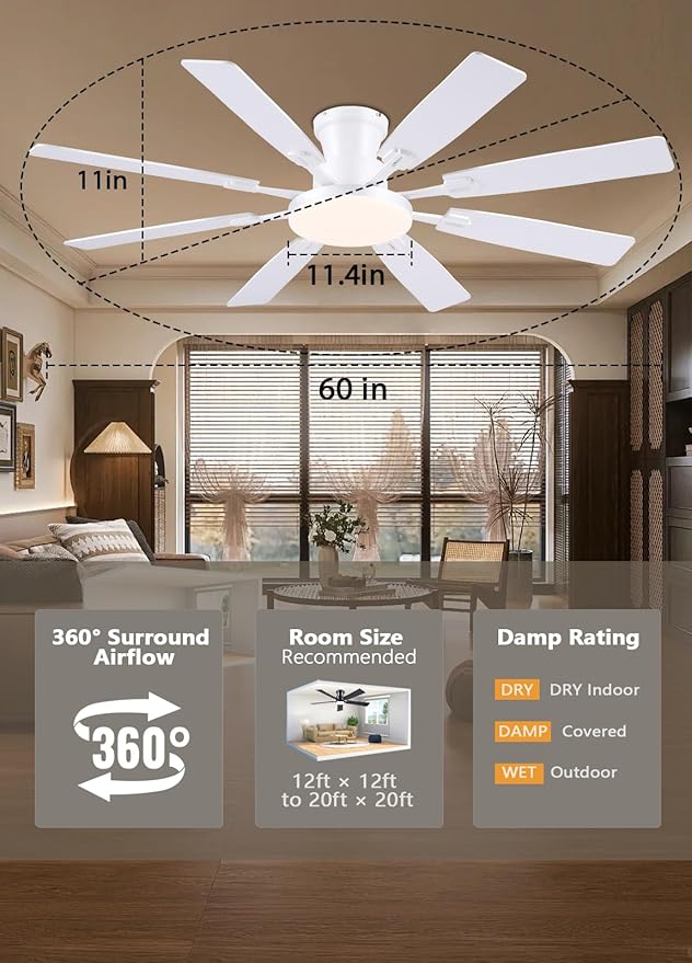 JSAITEE 60Inch Ceiling Fan with Lights and Remotes, Large Low Profile Flush Mount Ceiling Fans,DC Reversible Motor, 3CCT Dimmable,Noiseless,Dual Finish, White 6 Speeds Ceiling Fan for Indoor/Outdoor