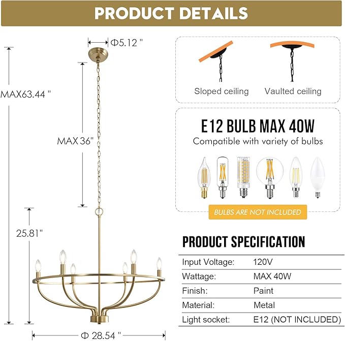 Gold Chandelier, 6 Light Gold Chandelier Light Fixture for Dining Room Chandelier Candle Lighting for Entryway Kitchen Bedroom Living Room 29in Mid Century Chandeliers