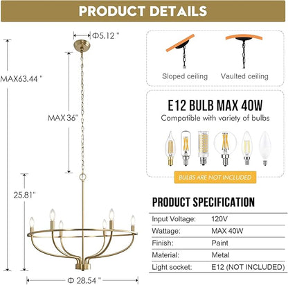 Gold Chandelier, 6 Light Gold Chandelier Light Fixture for Dining Room Chandelier Candle Lighting for Entryway Kitchen Bedroom Living Room 29in Mid Century Chandeliers