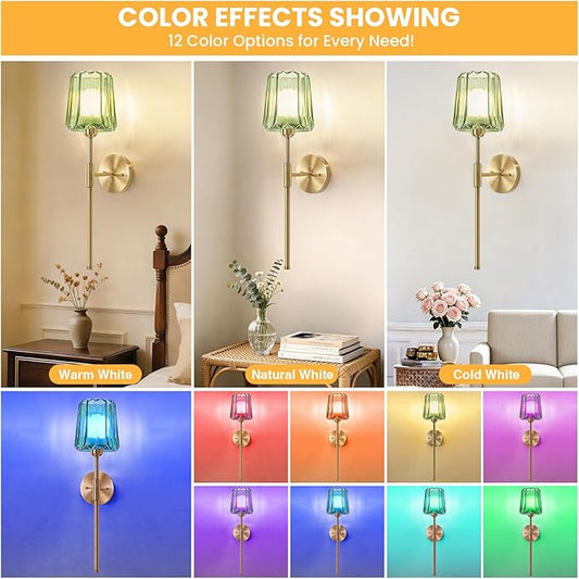 Crystal Battery Operated Wall Sconces Set of 2, Green Rechargeable Wireless Wall Sconce Lights with Crystal Lampshade, 12 RGB and 3CCT Dimmable Wall Lamps for Bedroom Living Room Hallway Decor, 2 Pack